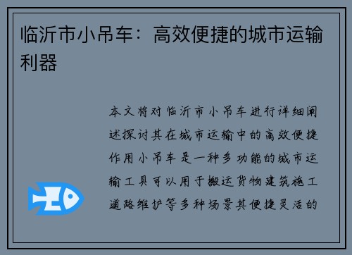 临沂市小吊车：高效便捷的城市运输利器