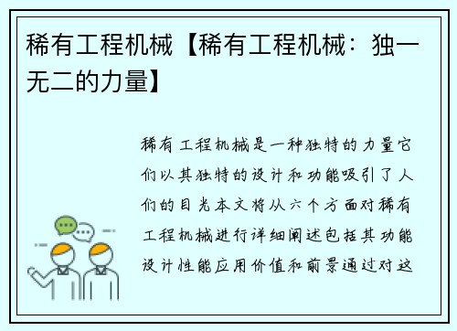 稀有工程机械【稀有工程机械：独一无二的力量】